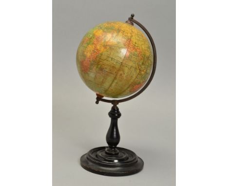 A PHILIP'S SIX INCH TERRESTRIAL GLOBE, c. Early 20th Century, some minor damage and wear, mounted on ebonised stand, height a