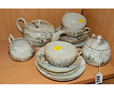 JAPANESE PART TEAWARES, to include teapot, covered sugar, milk jug (hairline), three cups, four saucers and four side plates