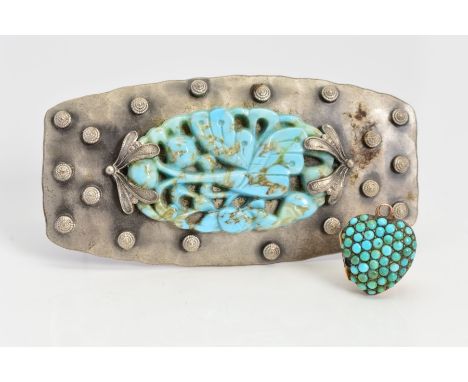 THREE ITEMS to include an early 20th Century heart shape locket set with circular turquoise cabochons opening to reveal a pan