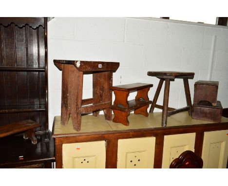 ELEVEN VARIOUS 19TH AND 20TH CENTURY PINE/OAK STOOLS to include a three legged milking stool