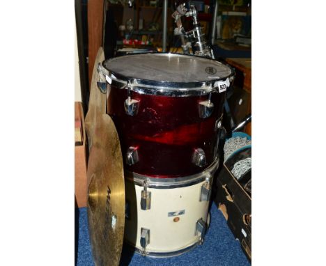 TWO OLYMPIC DRUMS (one with hole in), two Hohner percussion drums, with two Meteor cymbols, two stands and extension stand