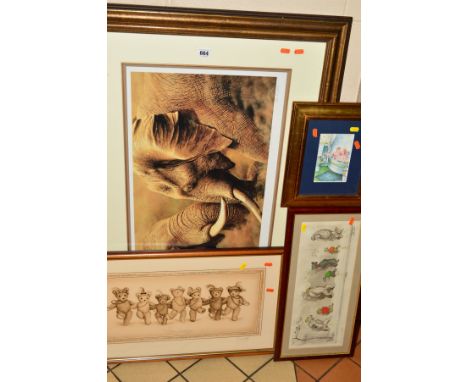 ALAN M HUNT (BRITISH 1947) 'POWER PLAY - ELEPHANTS', a limited edition print 60/95, signed in pencil, mounted, framed and gla