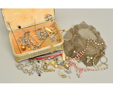 A SMALL METAL JEWELLERY CASE WITH A TAPESTRY TOP, together with a small quantity of miscellaneous items and costume jewellery