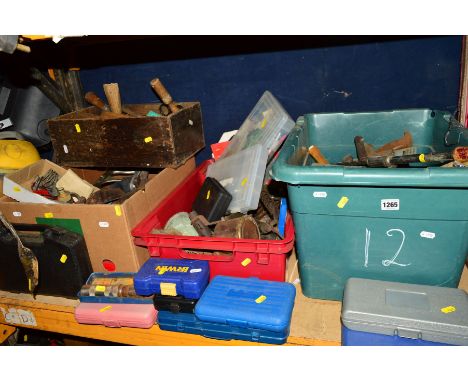 THREE BOXES AND LOOSE TOOLS, HARDWARE AND ACCESORIES including axes, hammers, drill bits, impact drivers, blow lamps, wooden 