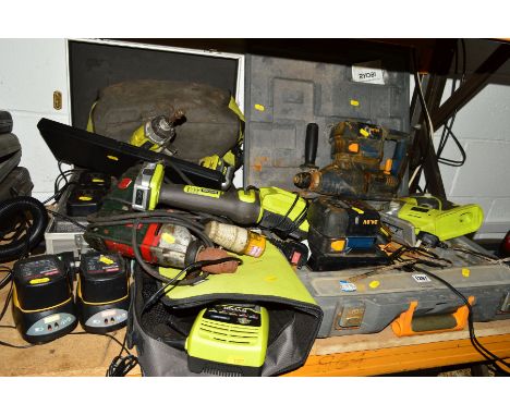 A COLLECTION OF RYOBI TOOLS TO INCLUDE A CASED 24V BATTERY POWERED DRILL WITH BATTERY AND CHARGER, together with another RID1