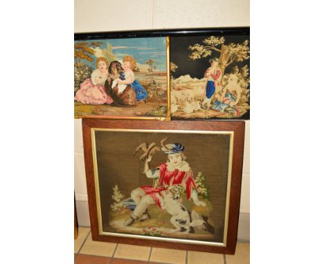 THREE VICTORIAN WOOLWORK PICTURES, the largest depicting a falconer with his hunting dog, framed, approximate size 47cm x 53c