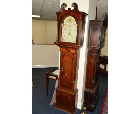 A GEORGE III OAK, MAHOGANY BANDED AND SATINWOOD INLAID 30 HOUR LONGCASE CLOCK, the hood with a swan neck pediment, flanked by