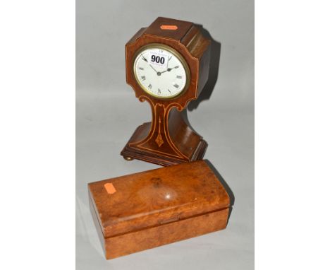 AN EDWARDIAN MAHOGANY AND INLAID MANTEL CLOCK, the case of shaped square form with a concave pedestal and rectangular foot, e