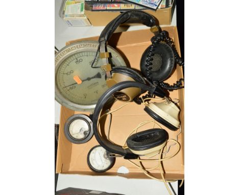 A ROTOTHERM THERMOMETER, two small amp meters and two pairs of headphones (Realistic Tandy 40 and TTC Dynamic Monaural)