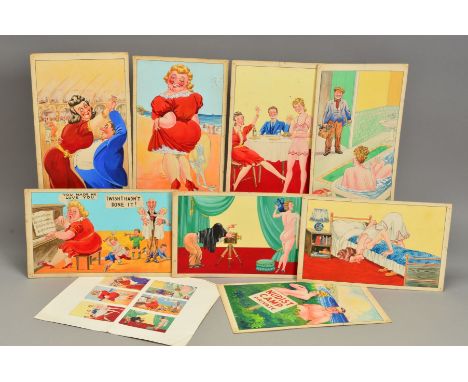 EIGHT SAUCY POSTCARD STYLE WATERCOLOUR PAINTINGS, unsigned but attributed to Peter Miller, subjects include Domestic Humour a