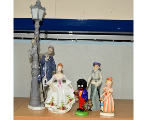 FIVE VARIOUS FIGURES, to include Lladro 'Lamplighter' No 5205, height 47.5cm (hand and lighter pole loose), Royal Doulton 'Co