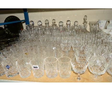 A COLLECTION OF CUT GLASS ETC, to include nine decanters, red and white wine glasses, brandy, sherry and whisky glasses, bran