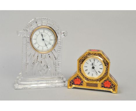 A ROYAL CROWN DERBY OLD IMARI DESK CLOCK, '1128' pattern, solid gold banding, approximate height 9.5cm (seconds), together wi