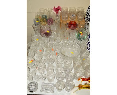 VARIOUS CUT/ETCHED/COLOURED GLASSWARES, to include boxed set Tudor lead crystal tumblers, ruby glass vase, etc