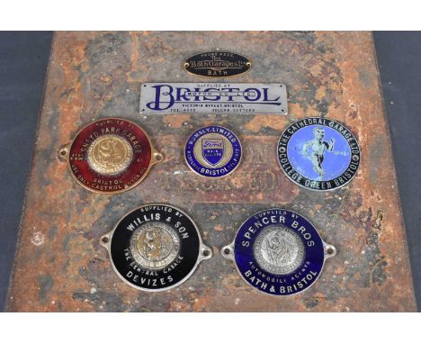 Bath and Bristol, six vintage car dash badges, comprising Bristol Motor Co Ltd, The Cathedral Garage, Bristol, Rumsey Ltd For