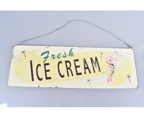 A small vintage 'Fresh Ice Cream' signed, one sided, with hanging holes to each corner, 44.5cm x 15cmthe size is as per descr