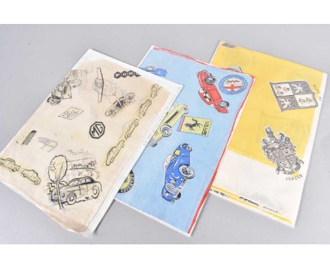 Three vintage silk motoring scarfs, each of different designs, decorated with card badges, images of cars and more (3)