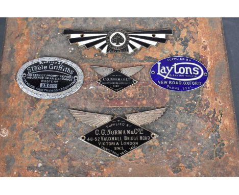 Five vintage enamelled car dash badges, to include Ace of Spades Petroleum Co Ltd, C.G.Norman &amp; Co Ltd, Laytons (Caxton),