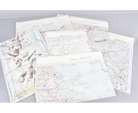 A group of six 1950s and later silk maps, including Aegean, Yemen, Sofiya-Istanbul, Trieste-Budapest, Kabel and Leningard, 1: