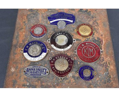 Hampshire and Surrey, nine vintage enamelled car dash badges, comprising F.W.Mays &amp; Co Ltd, Dorking, Anna Valley Motors L