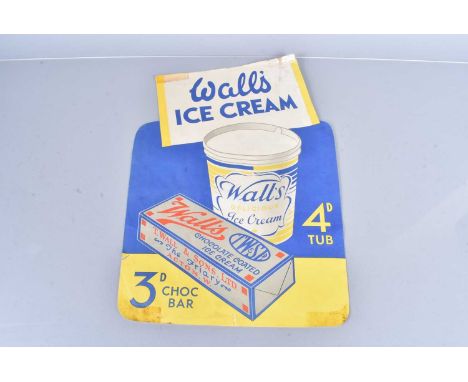 A vintage Wall's Ice Cream Advertising sign, in paper, advertising a 4d tub of ice cream and 3d Chocolate Bar, 33cm x 53cm, w
