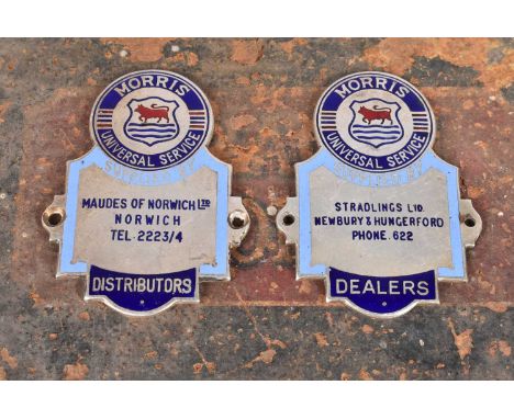 Morris Universal Service, two vintage enamelled car dash badges by J.Fray Ltd, one for Stradlings Ltd of Newbury &amp; Hunger