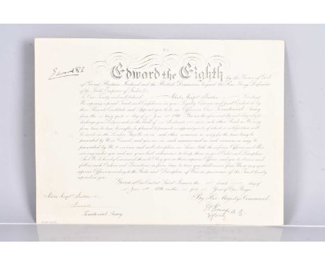 King Edward VIII Military Commission,   to Charles Cooper Snowden, for award of the Rank of Lieutenant, of the Territorial Ar