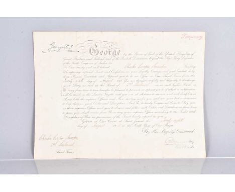 King George V Military Commission, to Charles Cooper Snowden, for the award of the Rank of 2nd Lieutenant, dated 28th August 