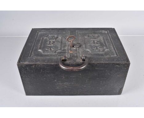 A 19th Century Military portable Safe/Lock box, the heavy duty safe with Crowned R with broad arrow to the front, carry handl