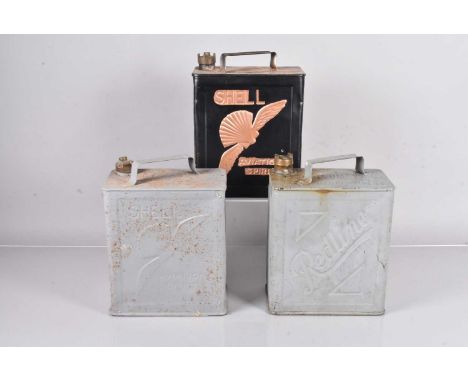 Three vintage 2 gallon petrol cans, including two for Shell and one for Redline, all with matching caps (3)