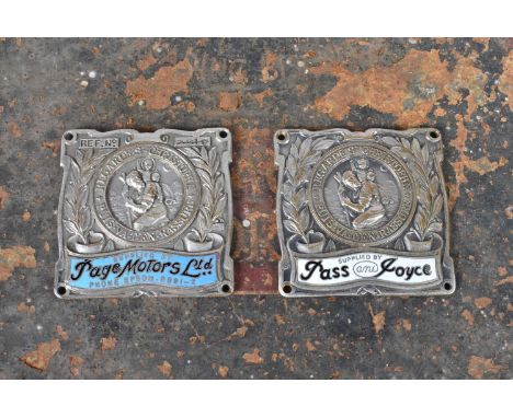 Two Vintage white metal and enamelled car dash badges, comprising Pass and Joyce and Page Motors Ltd of Epsom (2)