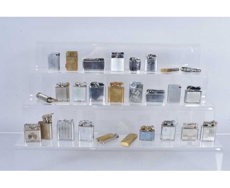 An assortment of pocket lighters, comprising FCL, Rowenta, The Roller Beacon, The Rolls Wonder, Omega, Ronson Whirlwind Imper