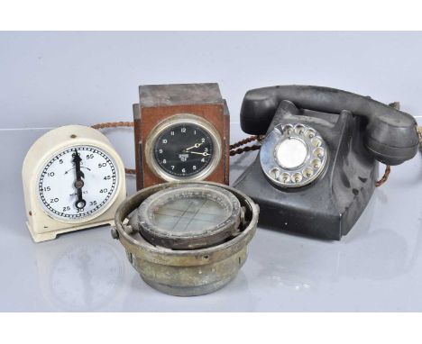 A Smith's Automotive Dashboard clock, mounted withig a wooden stand, together with a Smith's Timer, a Type P.II Gimbal compas