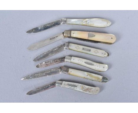 A group of six silver and mother of pearl pocket knives, five marked for Sheffield, dates range from 1964-1919, the other hal