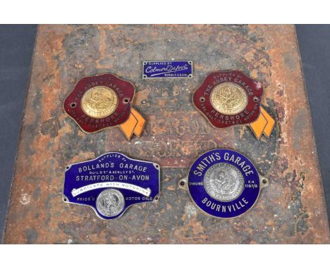 Midlands and Worcestershire, five vintage enamelled Car Dash badges, including Smith's Garage, Bournville (J.R.Gaunt), Colmer