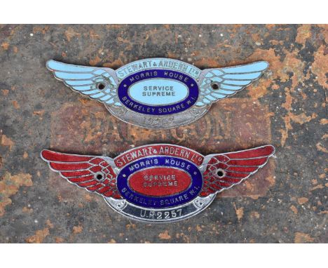 Stewart &amp; Ardern Ltd, two vintage enamelled car dash badges, both for Service Supreme for Morris House, Berkeley Square, 