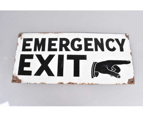 A vintage Emergency Exit enamel sign, single sided, with black lettering on white ground, four wall mounting holes to the cor