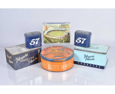 A small collection of Vintage Advertising Tins, to include Players Tobacco, Heinz, Sharps Toffee and Olympic, plus a glass Fi