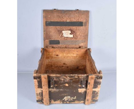 A Military wooden ammunition carrier,  with four large circular inserts, 54cm x 54cm x 35cm
