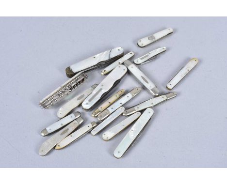 A collection of Mother of Pearl and white metal pocket knives, various sizes and styles, some with shield cartouche, some wit