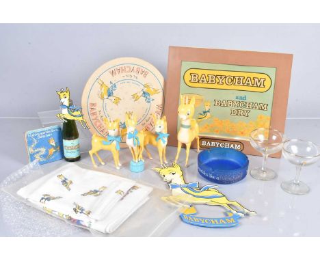 A large collection of Vintage Babycham items, to include a large collection of glasses, plastic models, advertising signs, be