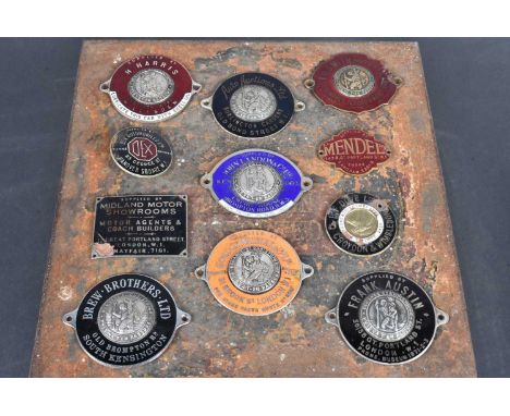 London, a collection of eleven vintage enamelled car dash badges, including Mendel, Brew Brothers Ltd, South Kensington (J.R.