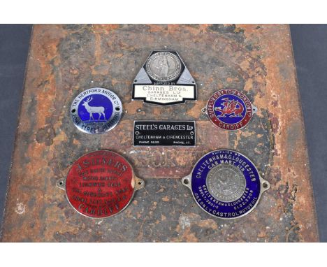 Six vintage Car Dash badges, from Wales, Hertfordshire and Gloucestershire, including J.Silver's Car Sales Depot, Cardiff, To