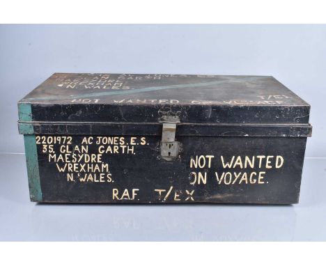 A military metal travel trunk, owned by 2201972 AC Jones E.S., RAF T/EX