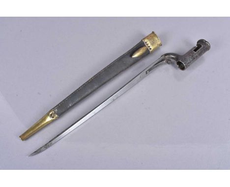 An 1840 Pattern Irish Constabulary Carbine socket bayonet, with 33cm long triform blade, stamped with a Crown V and D, with p