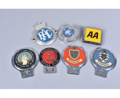 An assortment of seven Vintage Car badges, to include RAC, AA, St Christopher, Kingsclere Motor Club, Cornwall and Berkshire 