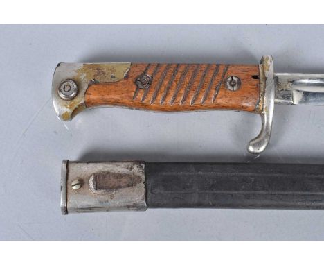 A Shortened German Parade S98 Mauser bayonet, by WKC, marked with a Knight to the blade, blade 31.5cm long, plated pommel and