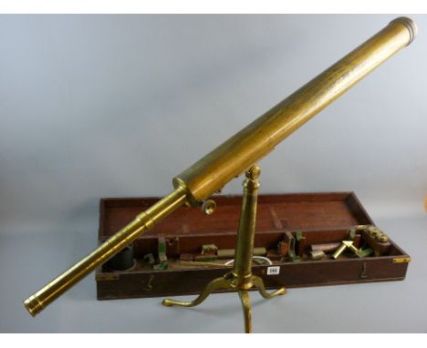 A CIRCA 1890 MATTHEW BERGE BRASS TELESCOPE on a tripod stand, inscribed 'Berge, London, Late Ramsden' with additional lenses 
