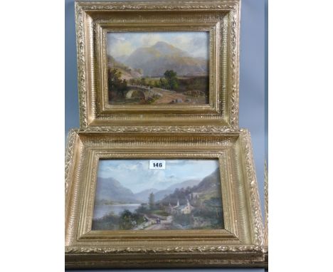 R RICHARDS oils on board, a pair, one under a glass - lakeside cottages and figures on a track near Dolbadarn Lake and bridge