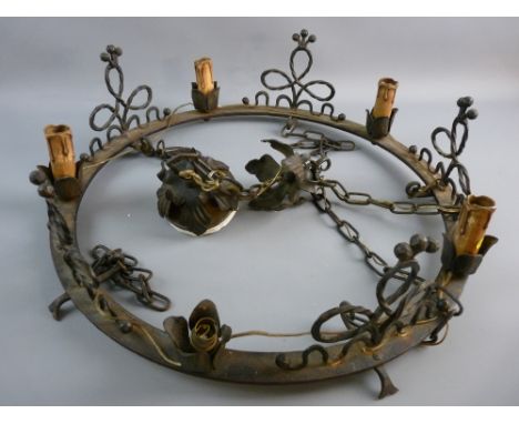 A VINTAGE WROUGHT IRON FIVE LAMP CEILING LIGHT FITTING, chain hanging with leaf pattern rose, 55 cms diameter